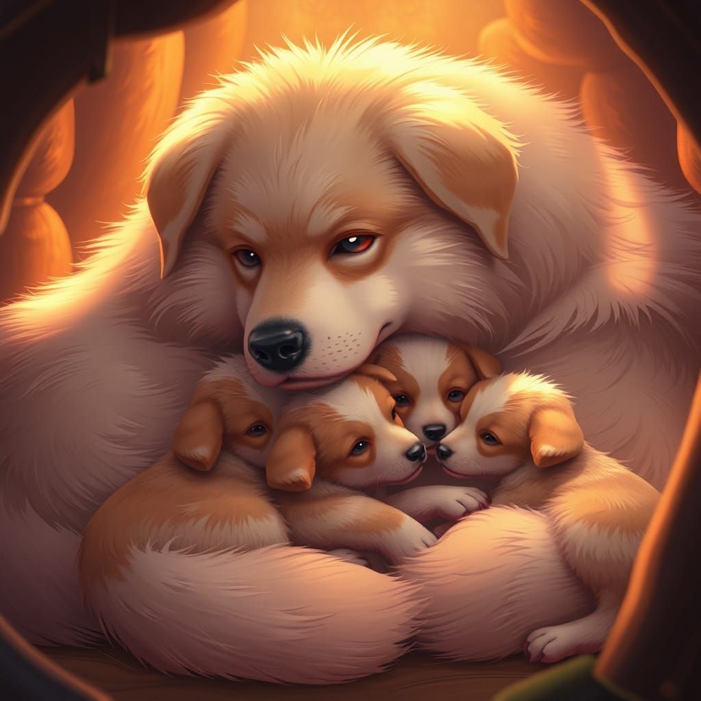 Protective Mother Dog and Puppies in Sunset Den