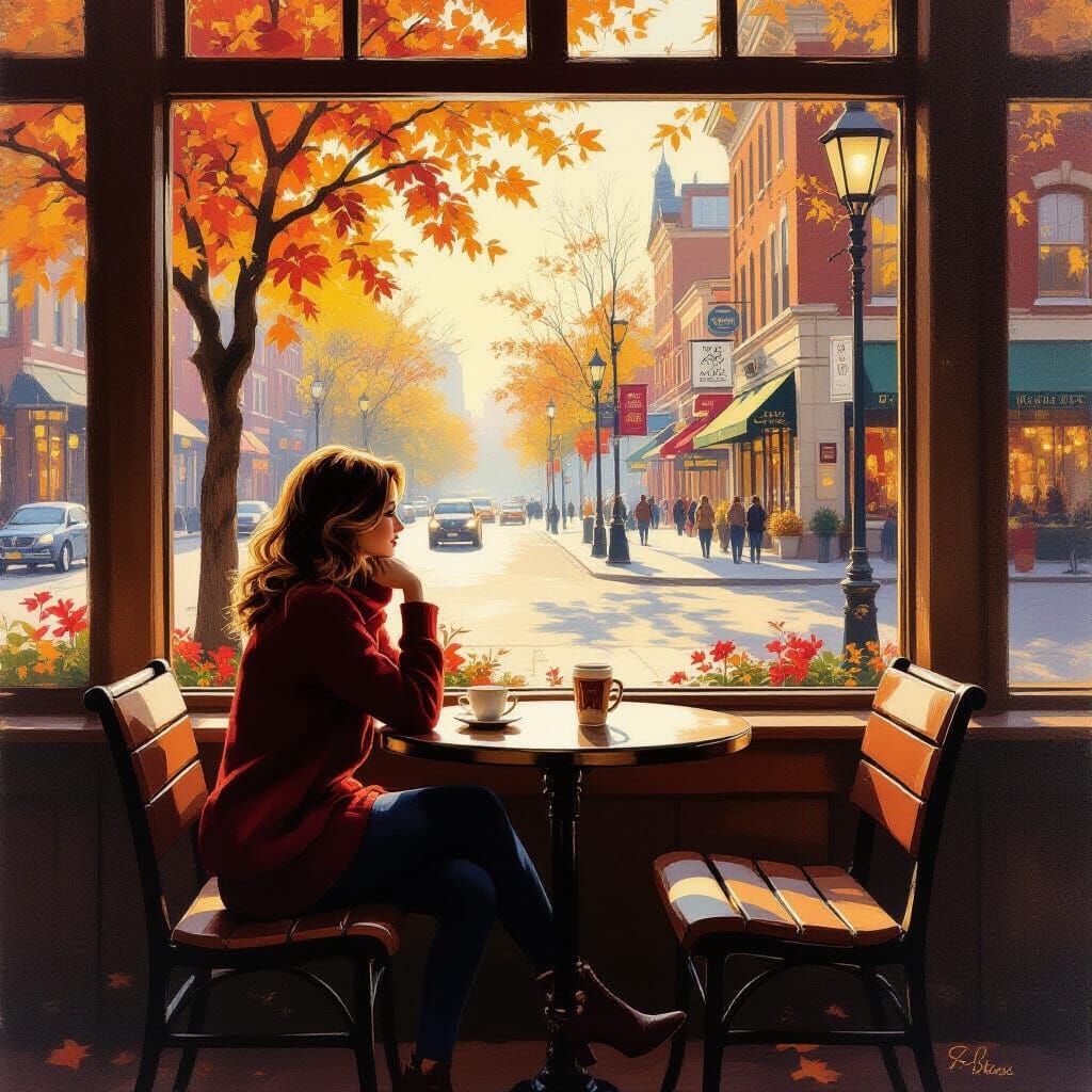 Cozy Autumn Scene: Woman by Coffee Shop Window
