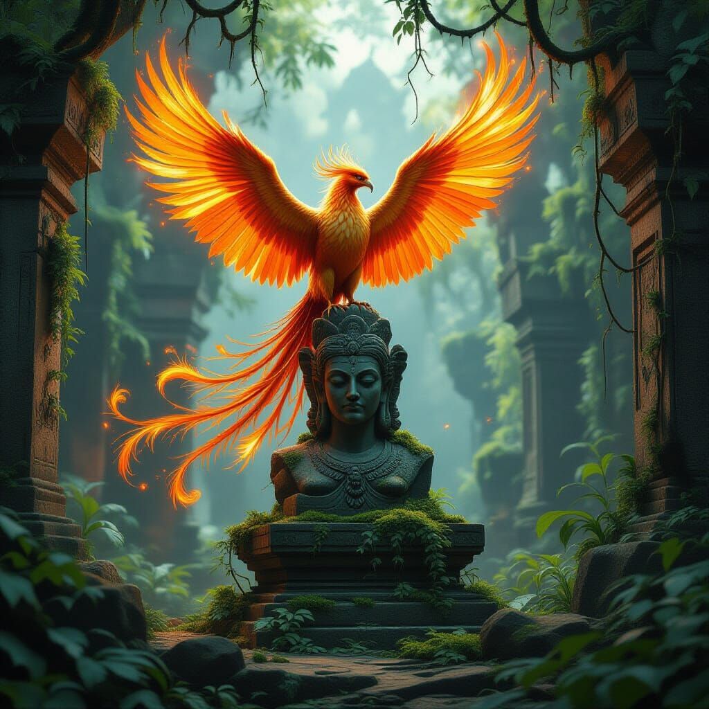 Majestic Phoenix on Ancient Statue in Jungle Temple
