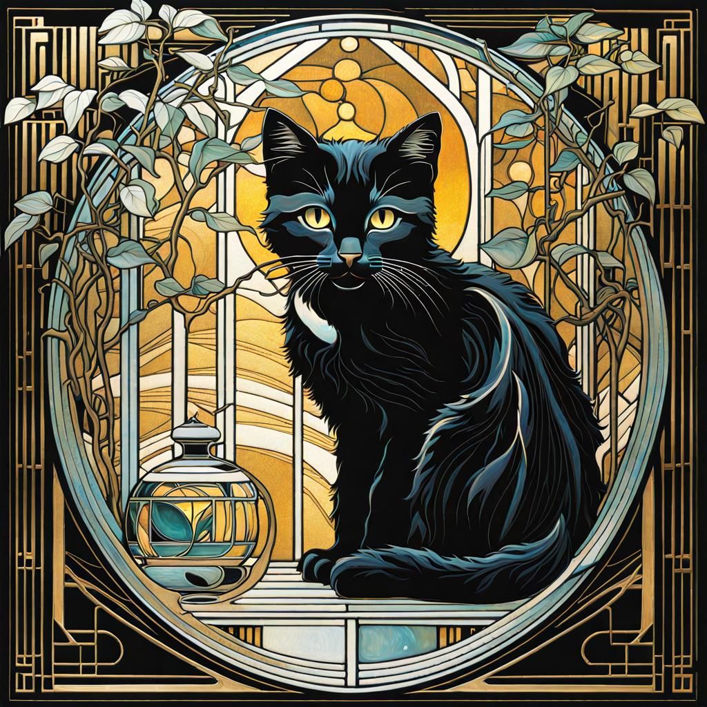 Art Nouveau Kitten in Luminescent Greenhouse