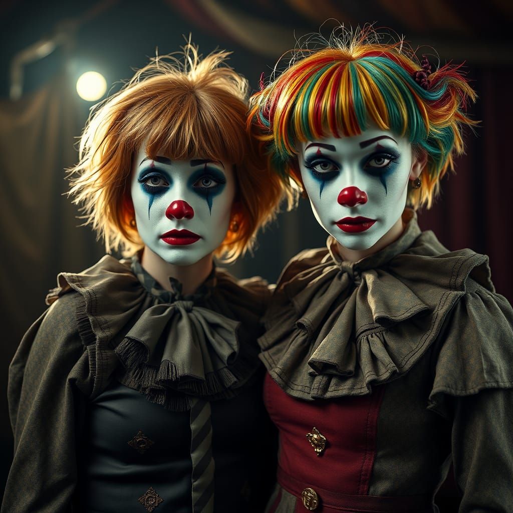 Melancholic Egyptian Clowns in Dimly Lit Circus Tent