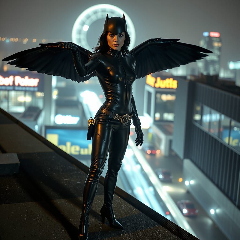 The Raven: Futuristic Vigilante in Cyberpunk Cityscape