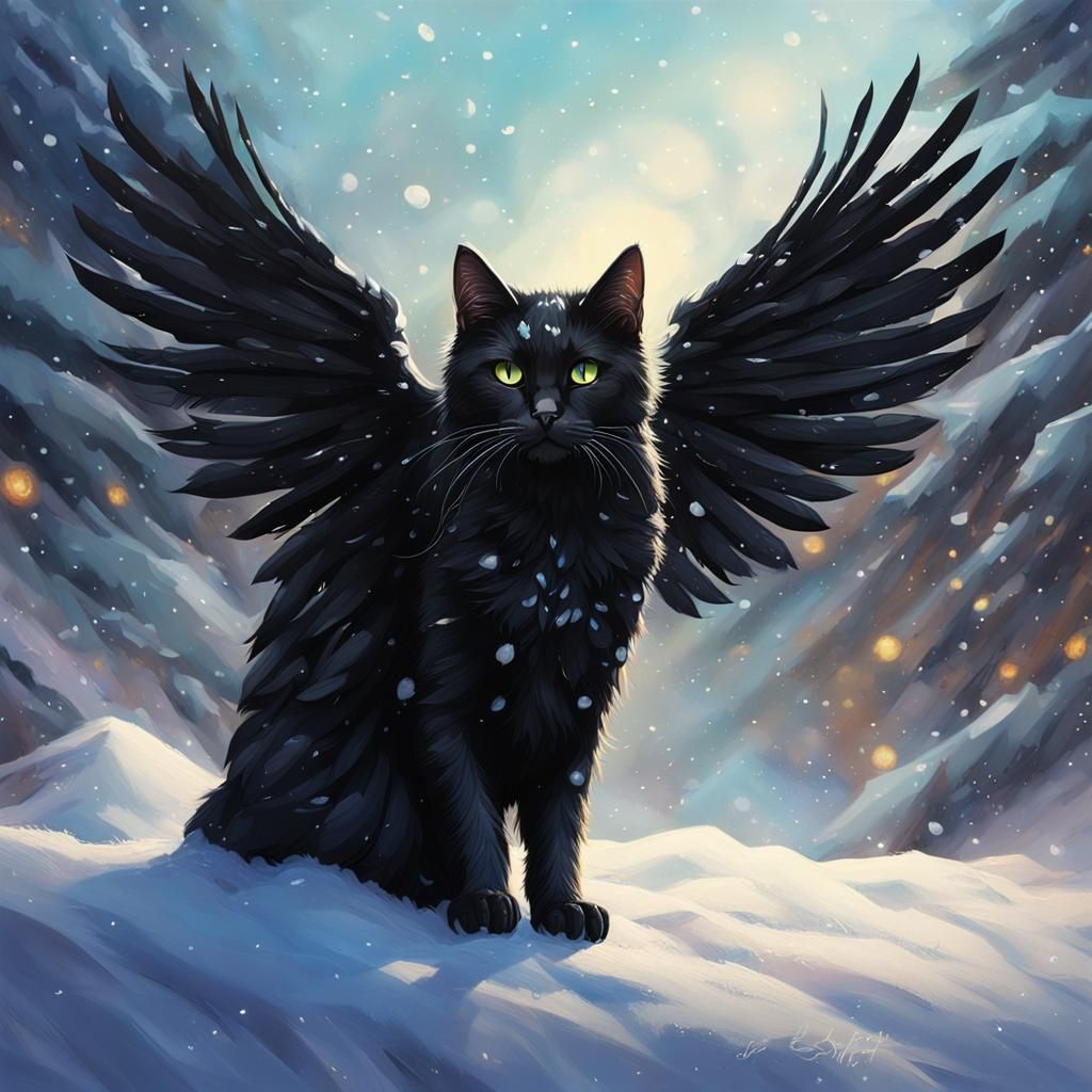 Winged Black Cat in Snowy Fantasy Landscape