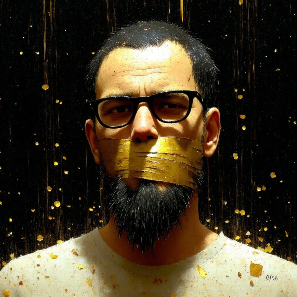 Punk Collage Portrait of Defiant Man with Golden Tape