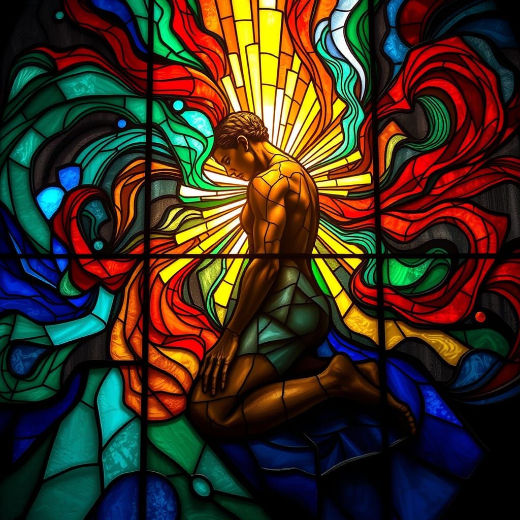 Stained Glass Art: Kneeling Figure in Colorful Light