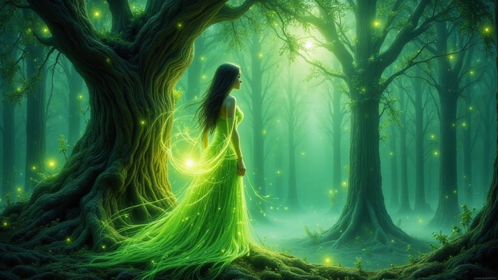 Ethereal Elf Woman in Mystical Forest, Impasto