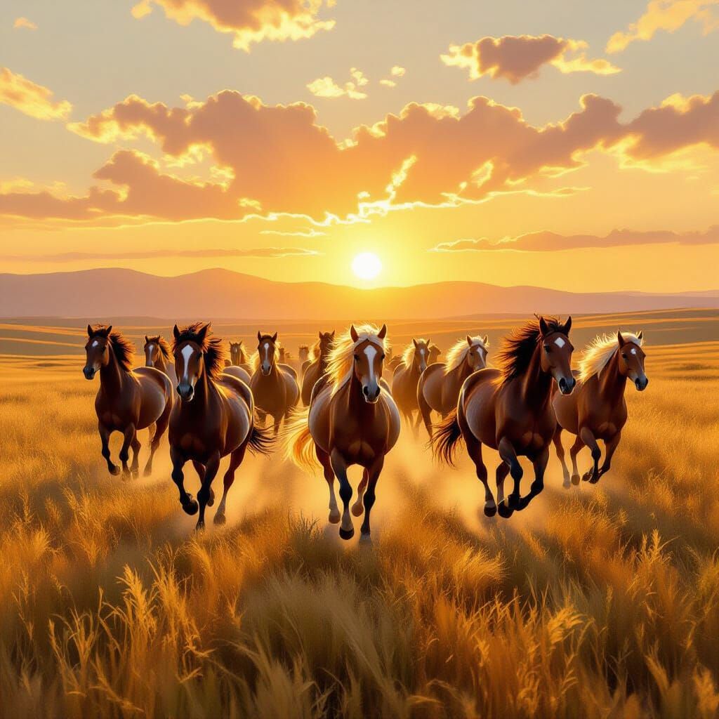 Wild Horses Gallop in Golden Hour Light