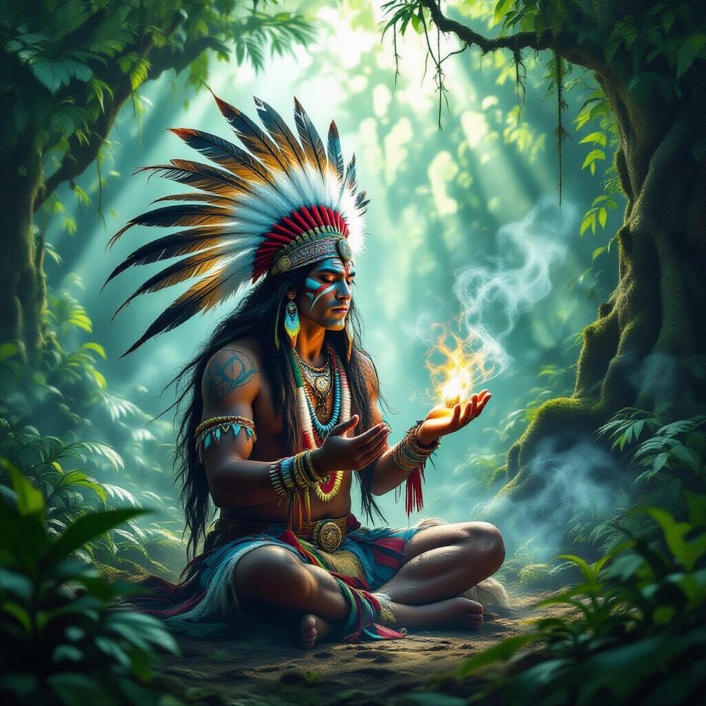 Amazon Shaman Performing Sacred Ritual in Lush Rainforest