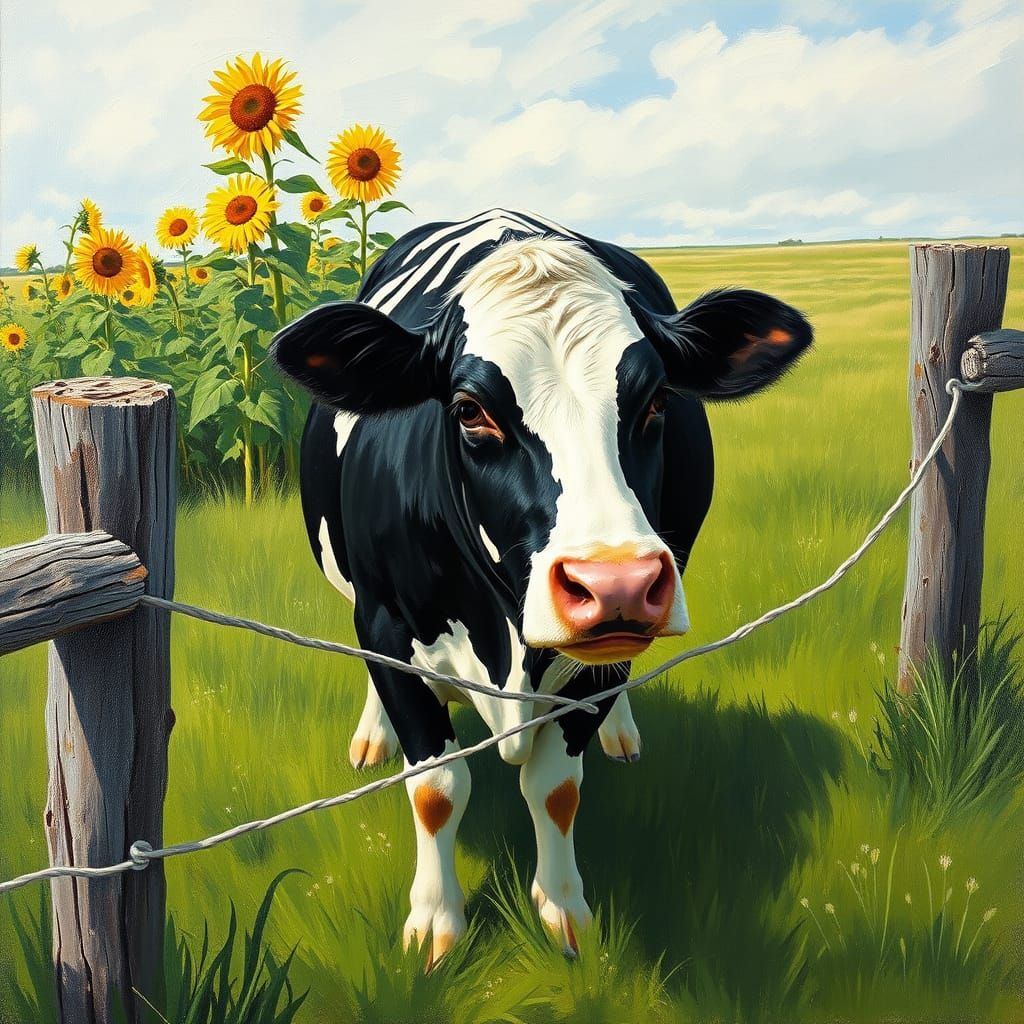 Peaceful Black and White Cow in a Lush Countryside Scene