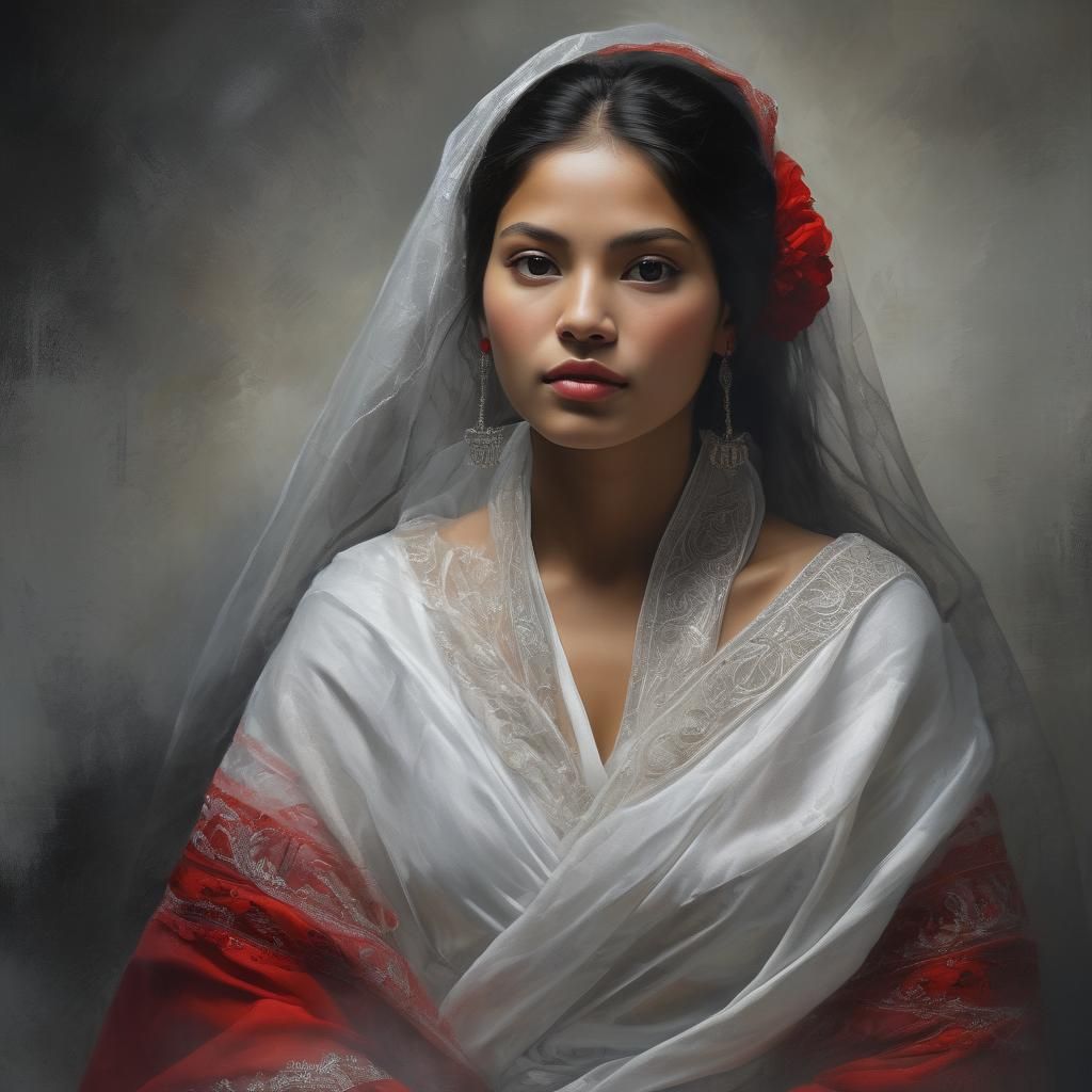 Peruvian Andean Woman in Tulle, Detailed Fabric Art