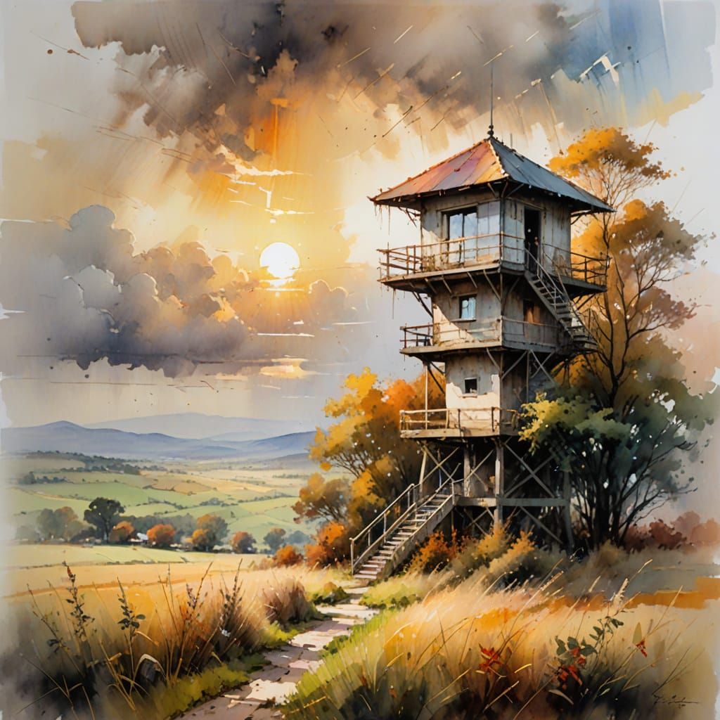 Sunrise Over Autumn Valley Observation Tower in Impressionis...