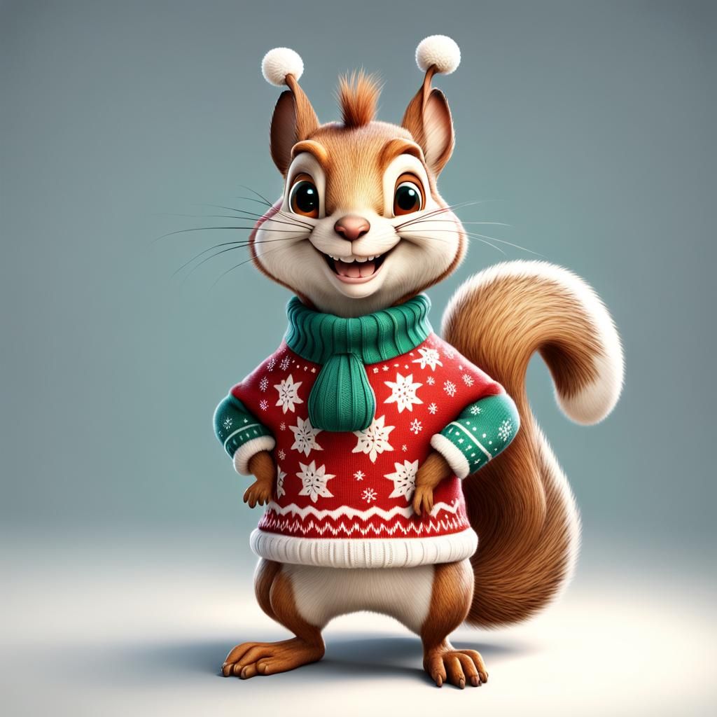 Funny Squirrel in Christmas Pullover Caricature