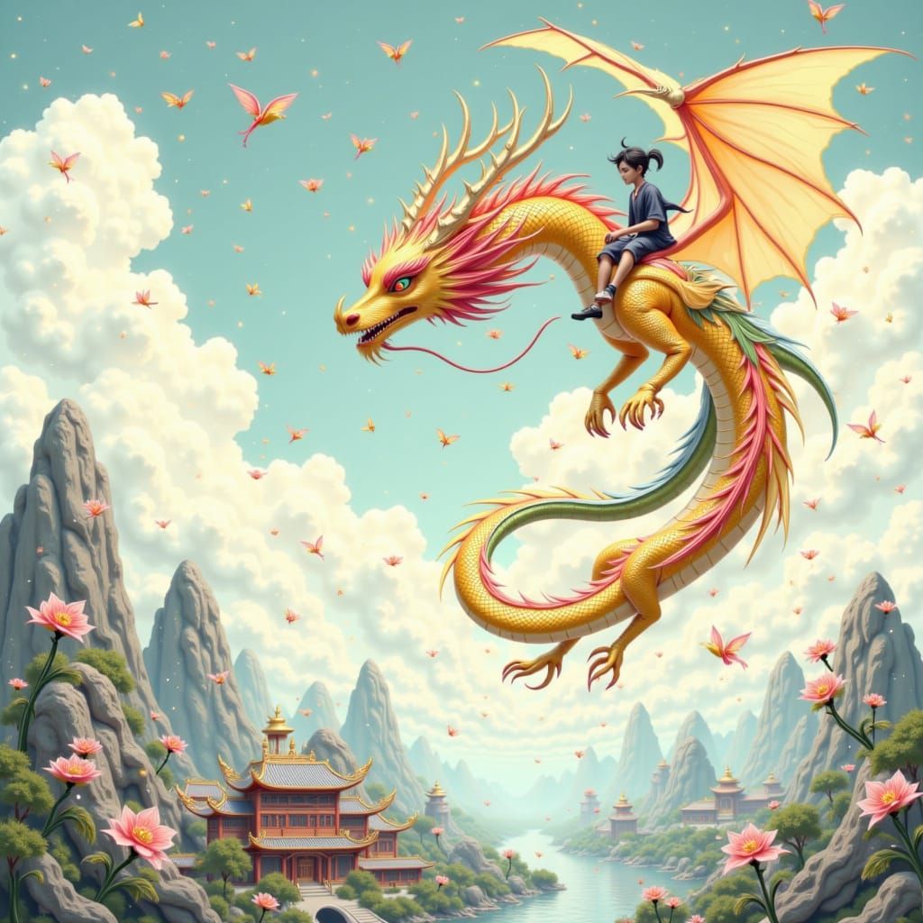 Chinese Dragon Flight Above Ancient Village
