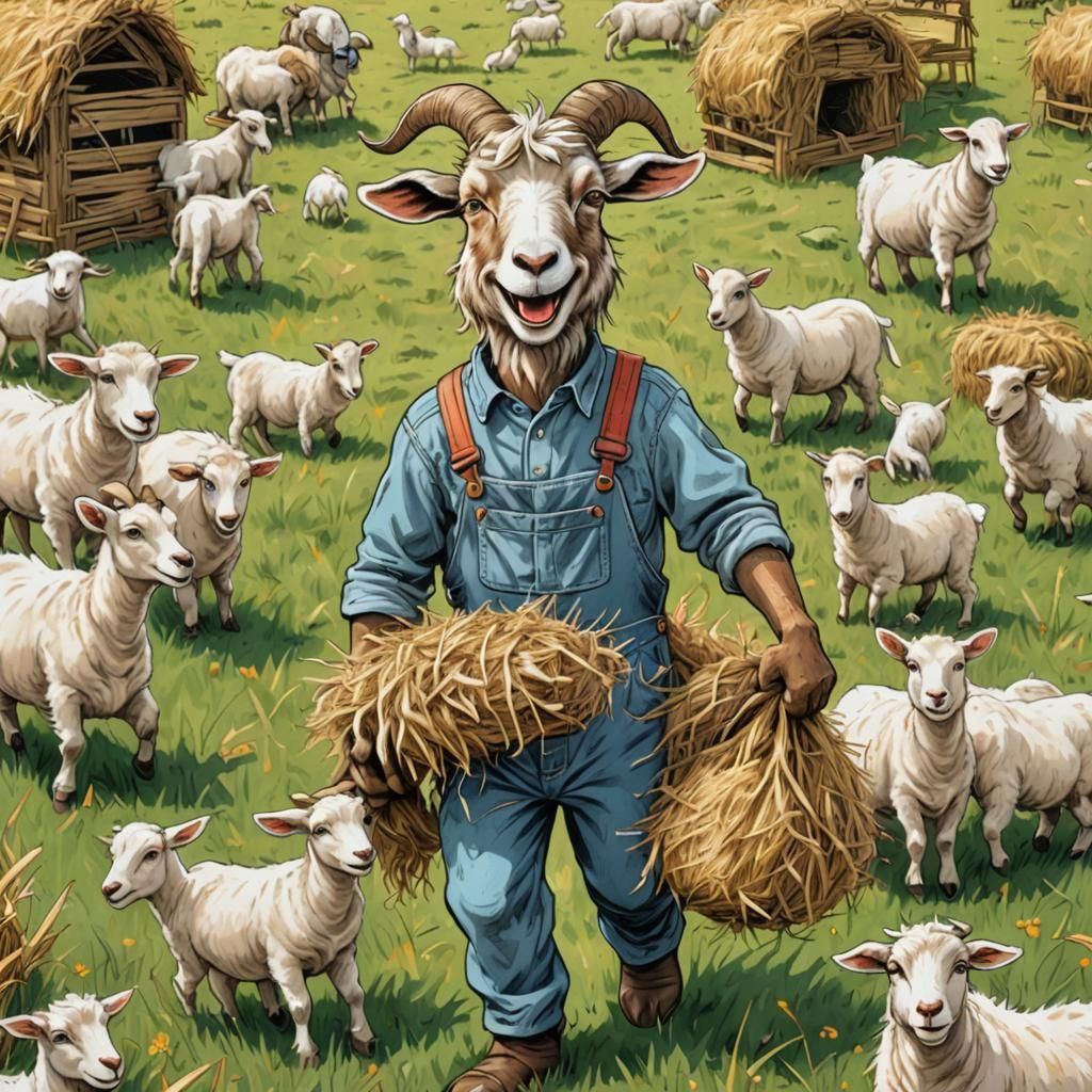 Smiling Goat Herds Lambs in Cartoon Pasture