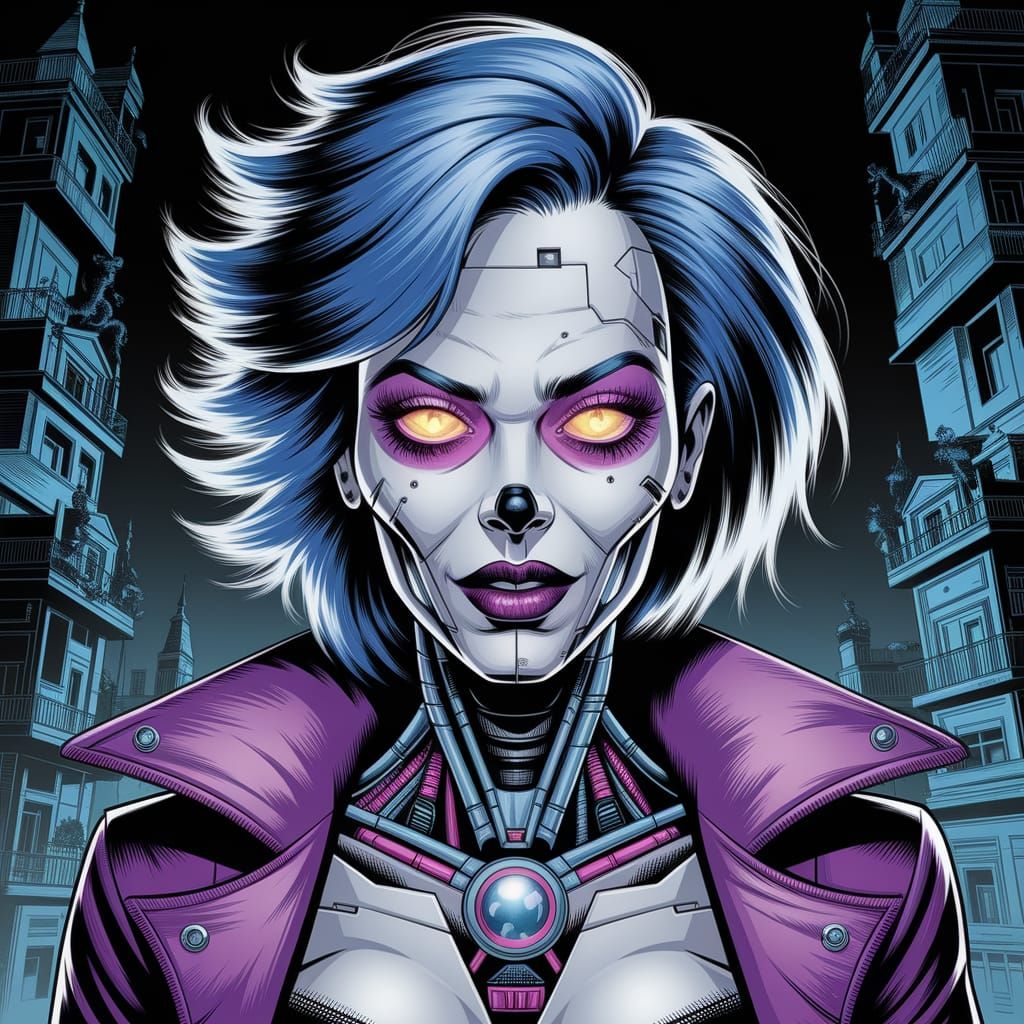 Cybernetic Beetlejuice Femme Fatale in Comic Style