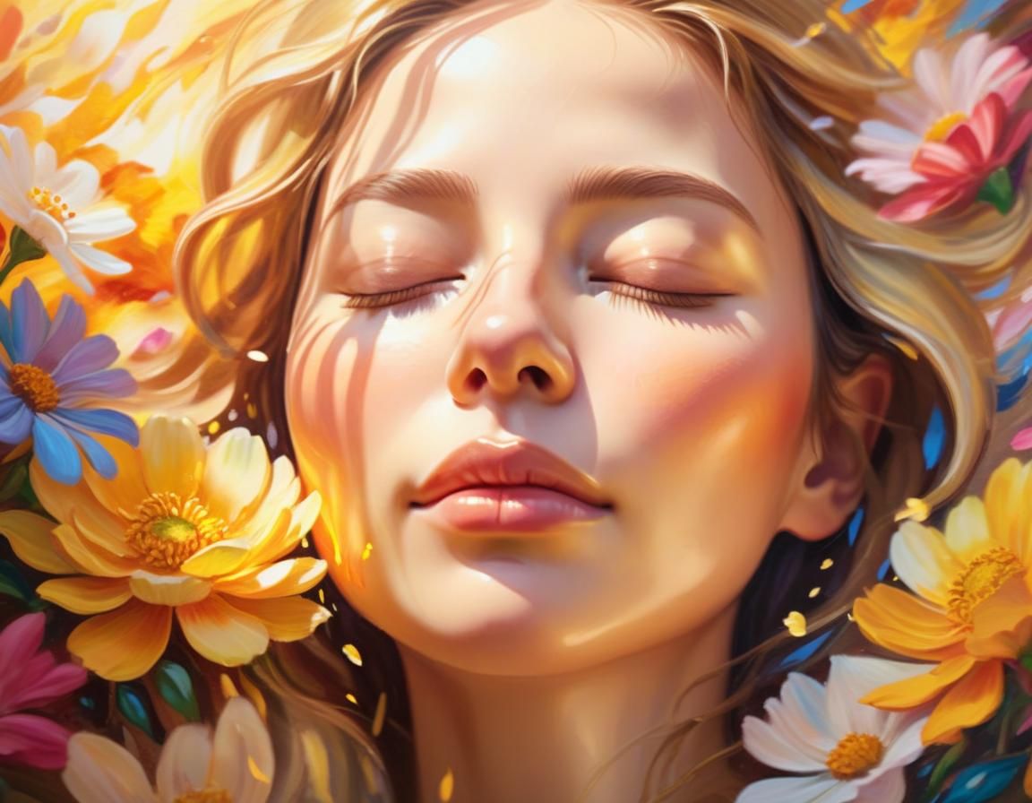 Woman Surrounded by Flowers as Oil Painting