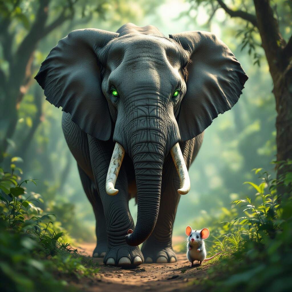Majestic Elephant & Mouse in Lush Forest, Photorealistic