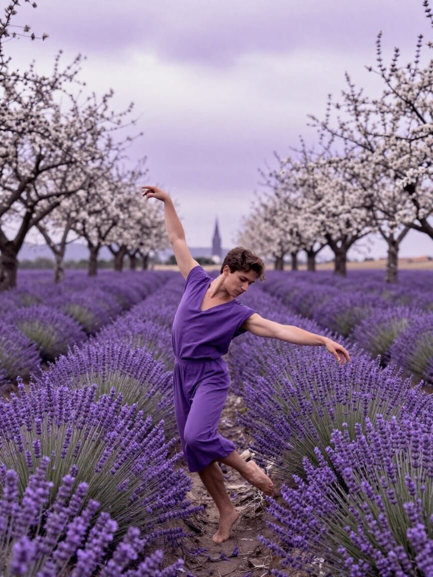Man Dancing in Lavender Field, Purple Palette