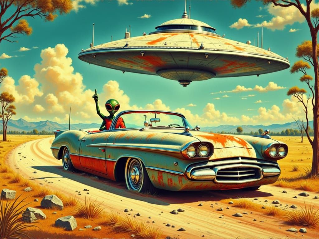 Sleek Automobile Speeds Down Rural Dirt Road with Alien at t...