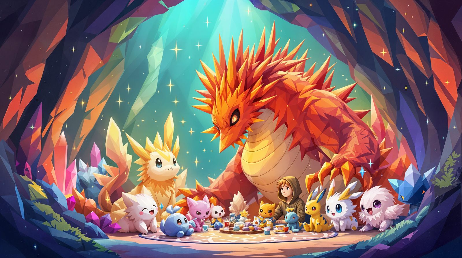Whimsical Pokémon Gathering in a Glowing Crystal Cave