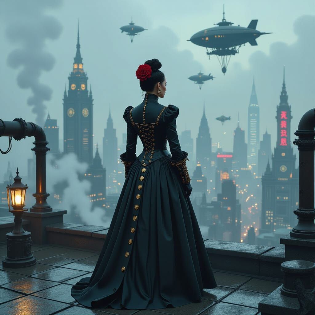 Cyborg Frida Kahlo in Steampunk City, Art Nouveau Style