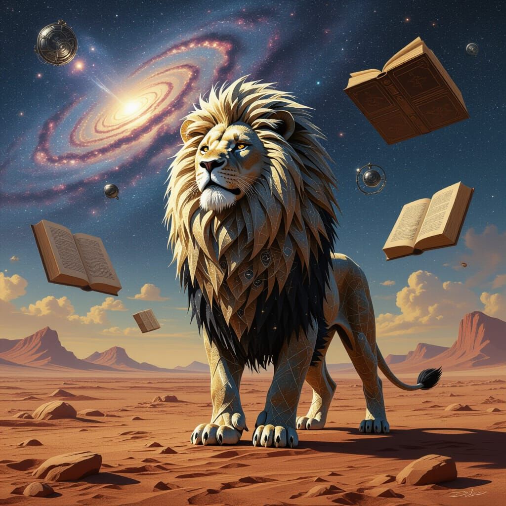 Spiderweb Lion on Alien Planet in Oil Painting Style