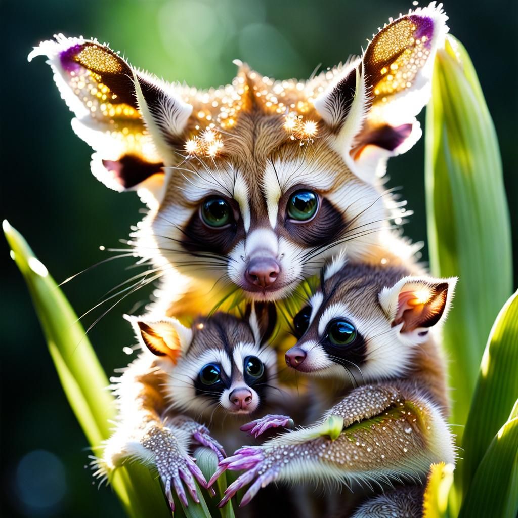 Raccoon-Bushbaby Hybrid with Light Fairies in Root Den