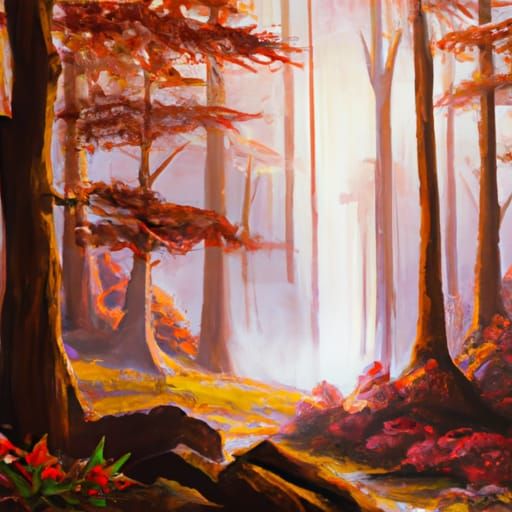 Misty Crimson Forest Landscape as Oil Painting