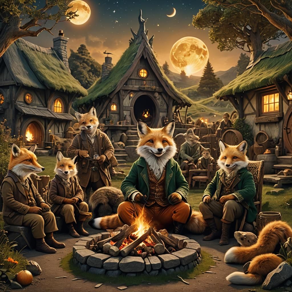 Fox in Celtic Suit with Hobbit Family