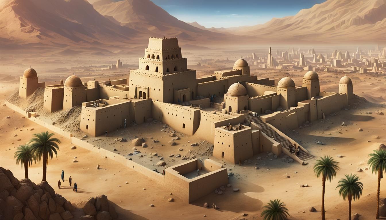 Mesopotamian City with Ziggurat Temple: Aerial View