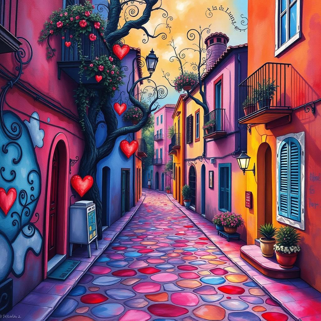 Vibrant Gouache Painting of Lonely Streets