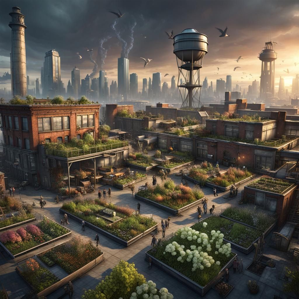 Rooftop Garden Over Apocalyptic City, Dark Fantasy Art