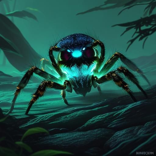 Fluorescent Spider Spinning Webs in Misty Forest
