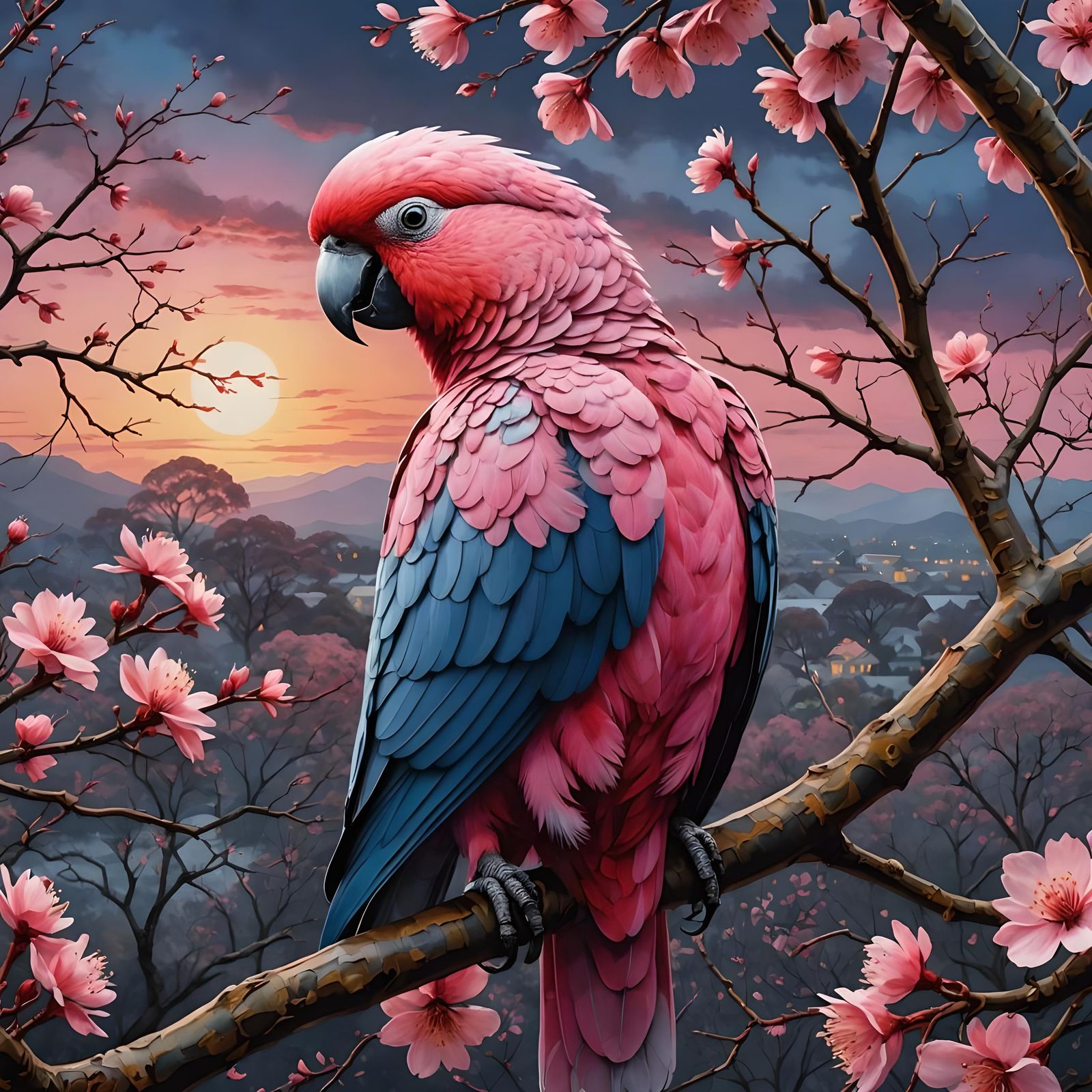 Glass Galah in Cherry Tree Gouache Painting