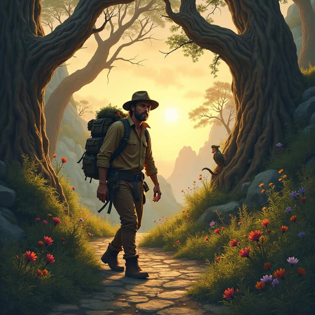 Traveler Navigates Treacherous Path in Digital Matte Paintin...