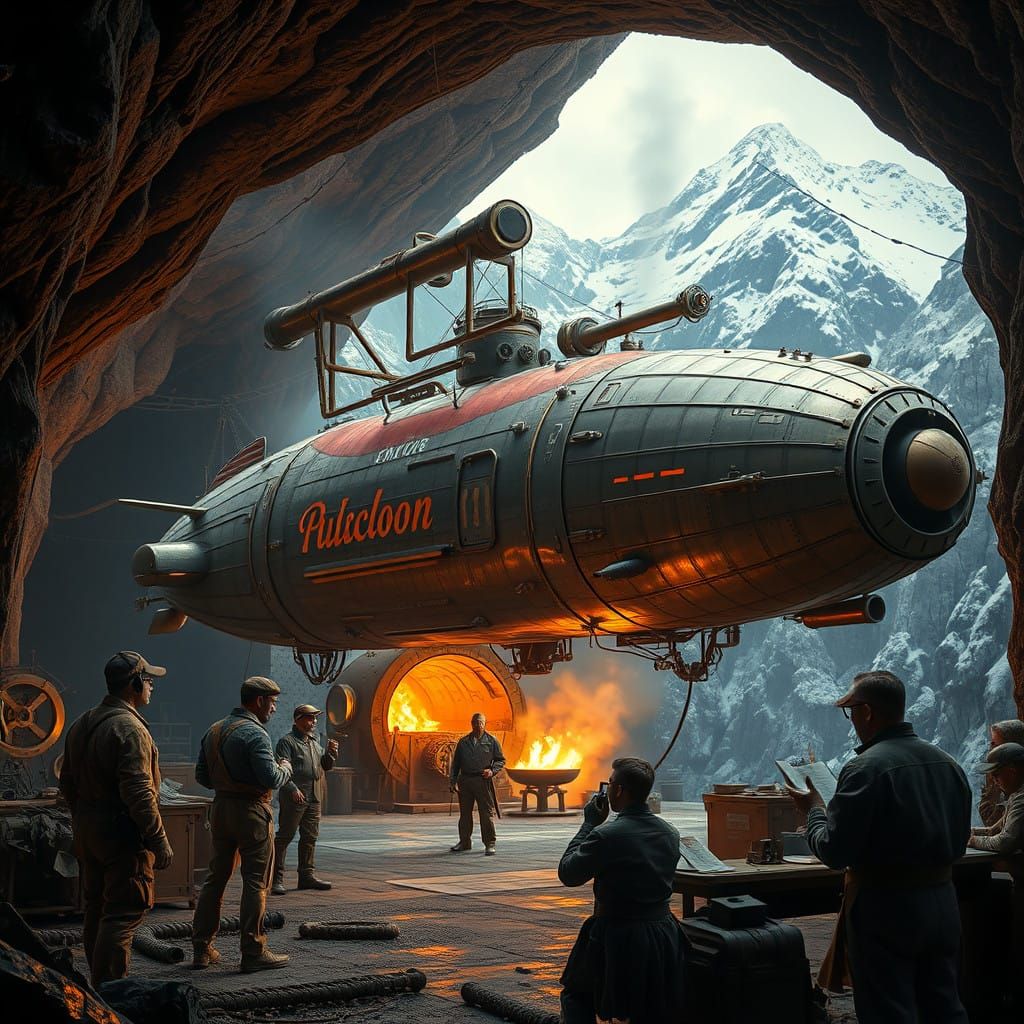 Steampunk Engineers in Majestic Mountain Cave Forge