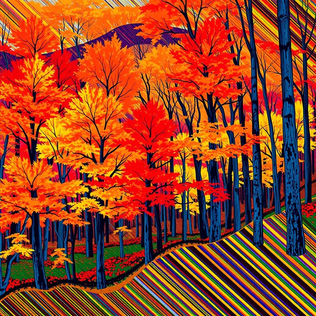 Vibrant Autumn Forest Landscape in Op Art Style