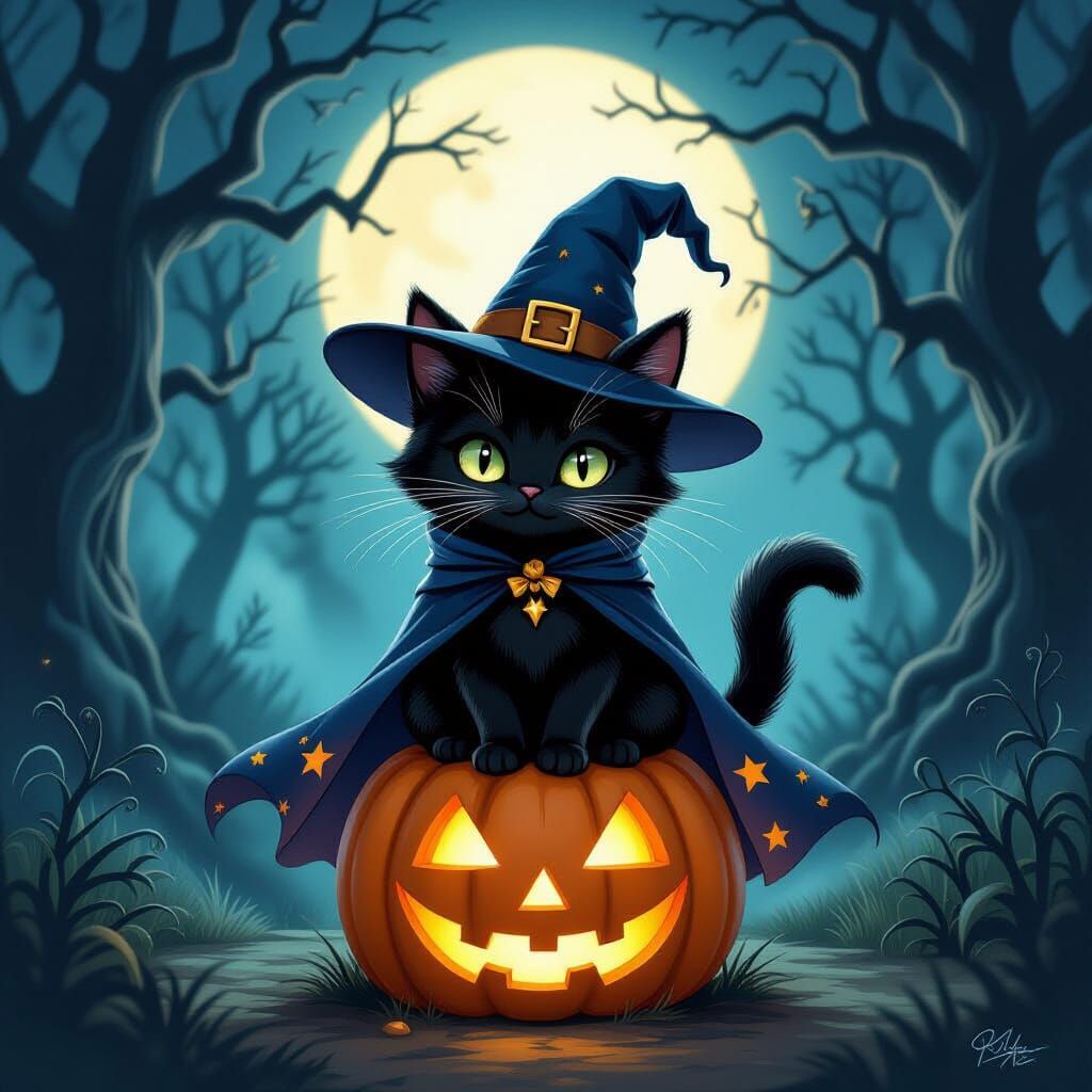 Mischievous Witch Cat on Glowing Pumpkin in Moonlit Forest