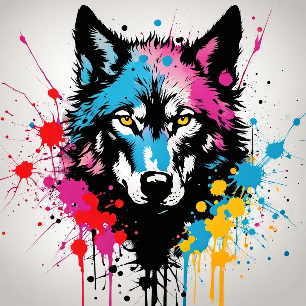 Banksy-Style Ink Splatter Wolf Graffiti Art
