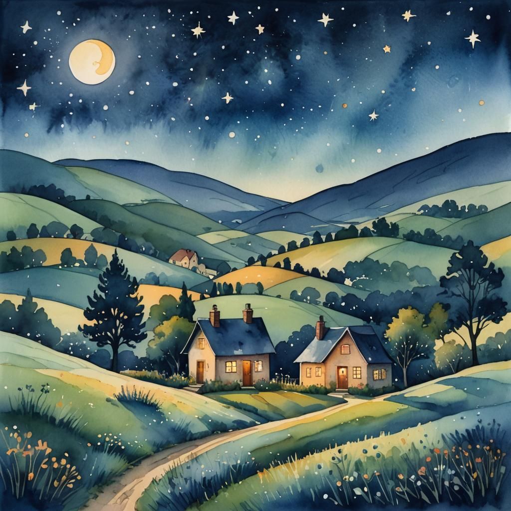 Watercolor Cottage Under Starry Sky Folk Art