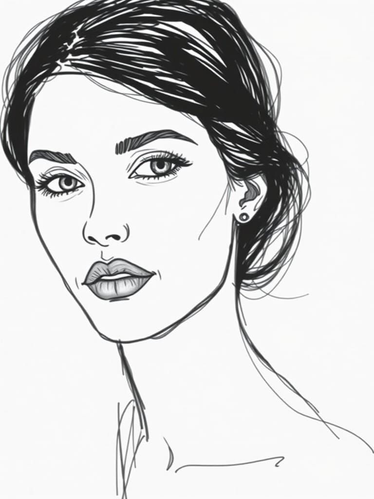 Elegant Portrait of a Woman in Expressive Lines and Airy Sty...