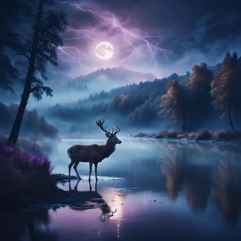 Majestic Deer Landscape with Antlers, Smoke and Lightning