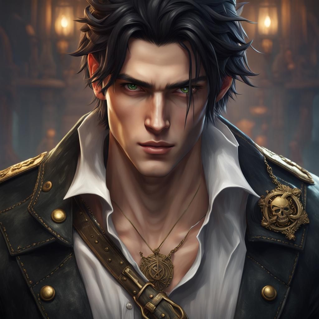 Attractive Pirate Prince with Black Hair in Digital Painting