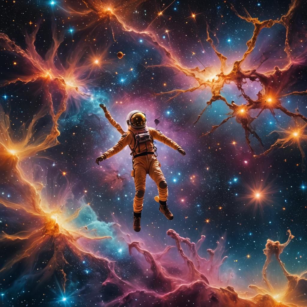 Surreal Person Floating in Starry Space