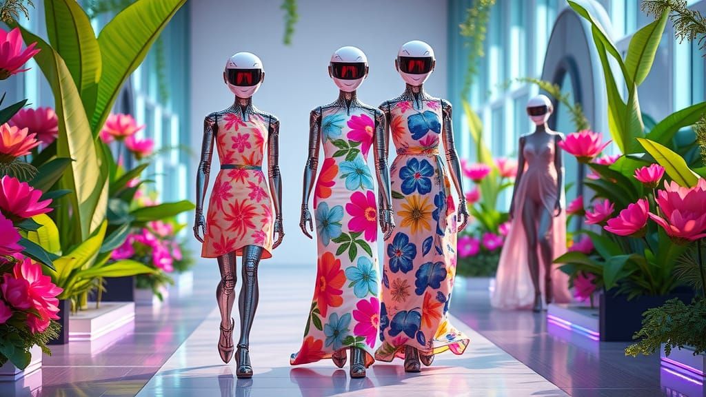 Futuristic Runway: Robot Models in Floral Dresses