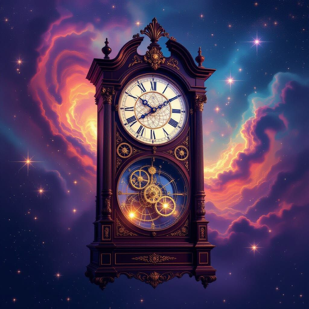 Cosmic Grandfather Clock in Nebula, Swirling Galaxies on Fac...