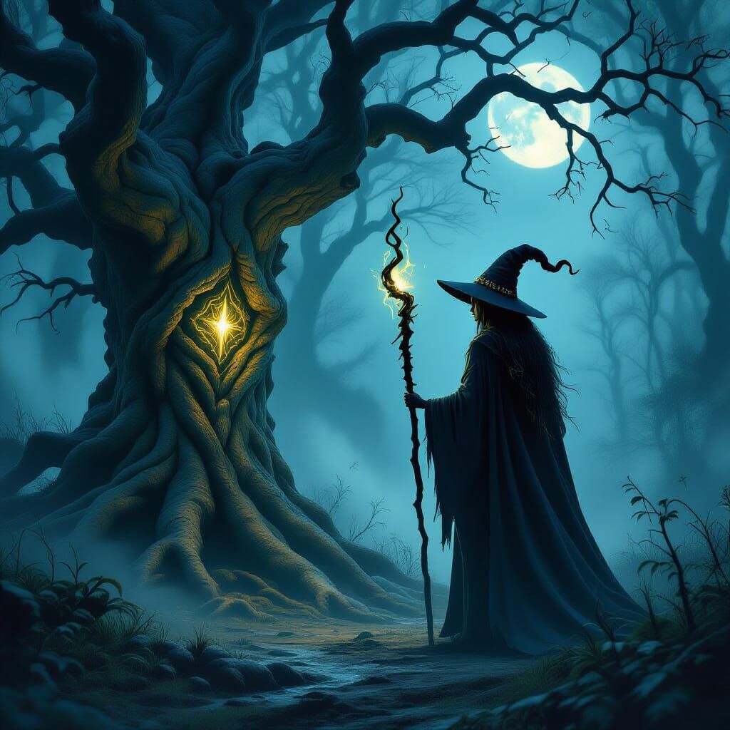 Mystical Witch in Moonlit Forest: Digital Art