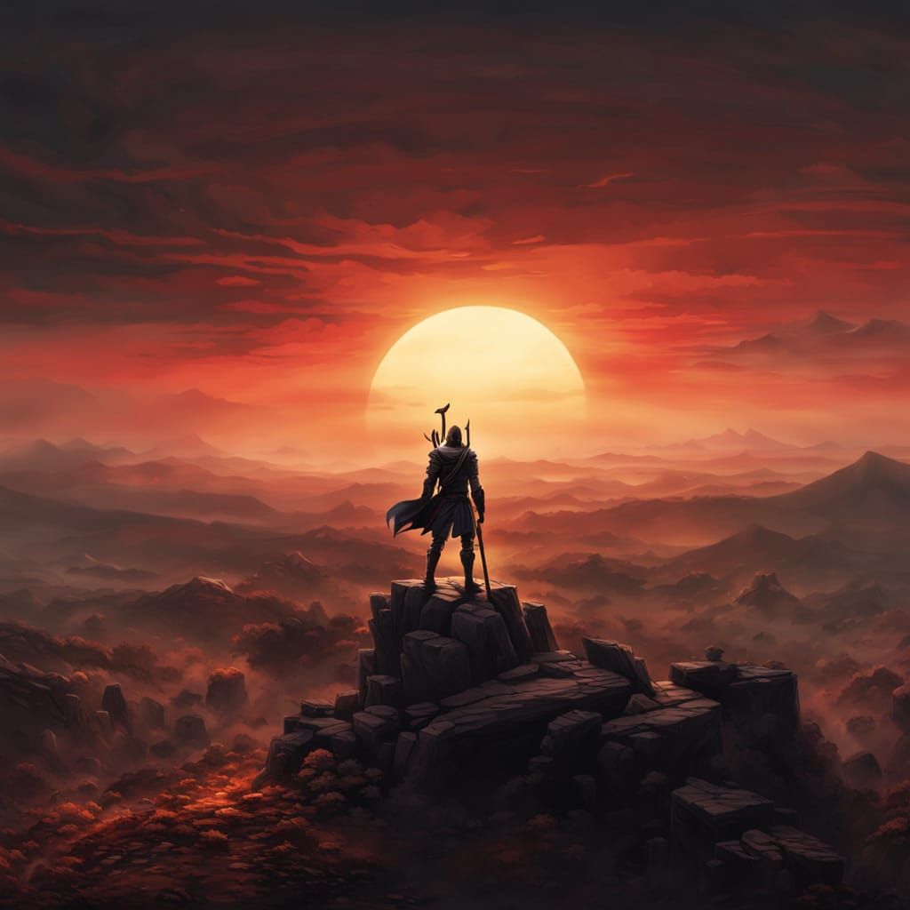 Epic Anime Warrior in Blood Red Eclipse Landscape