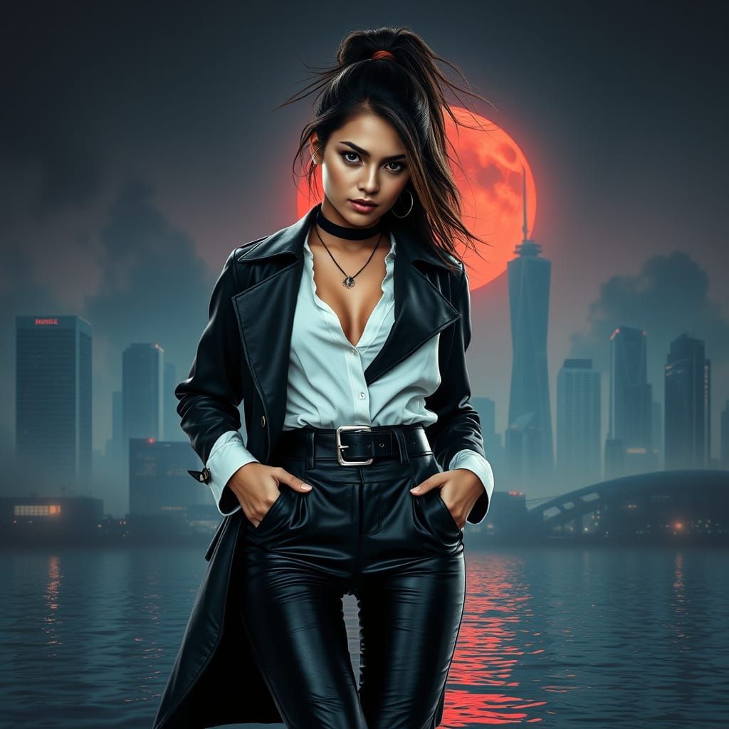 Malaysian Woman in Futuristic Cityscape