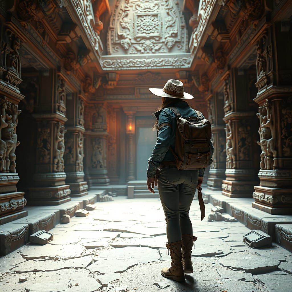 Female Treasure Hunter in Ancient Temple, Digital Art